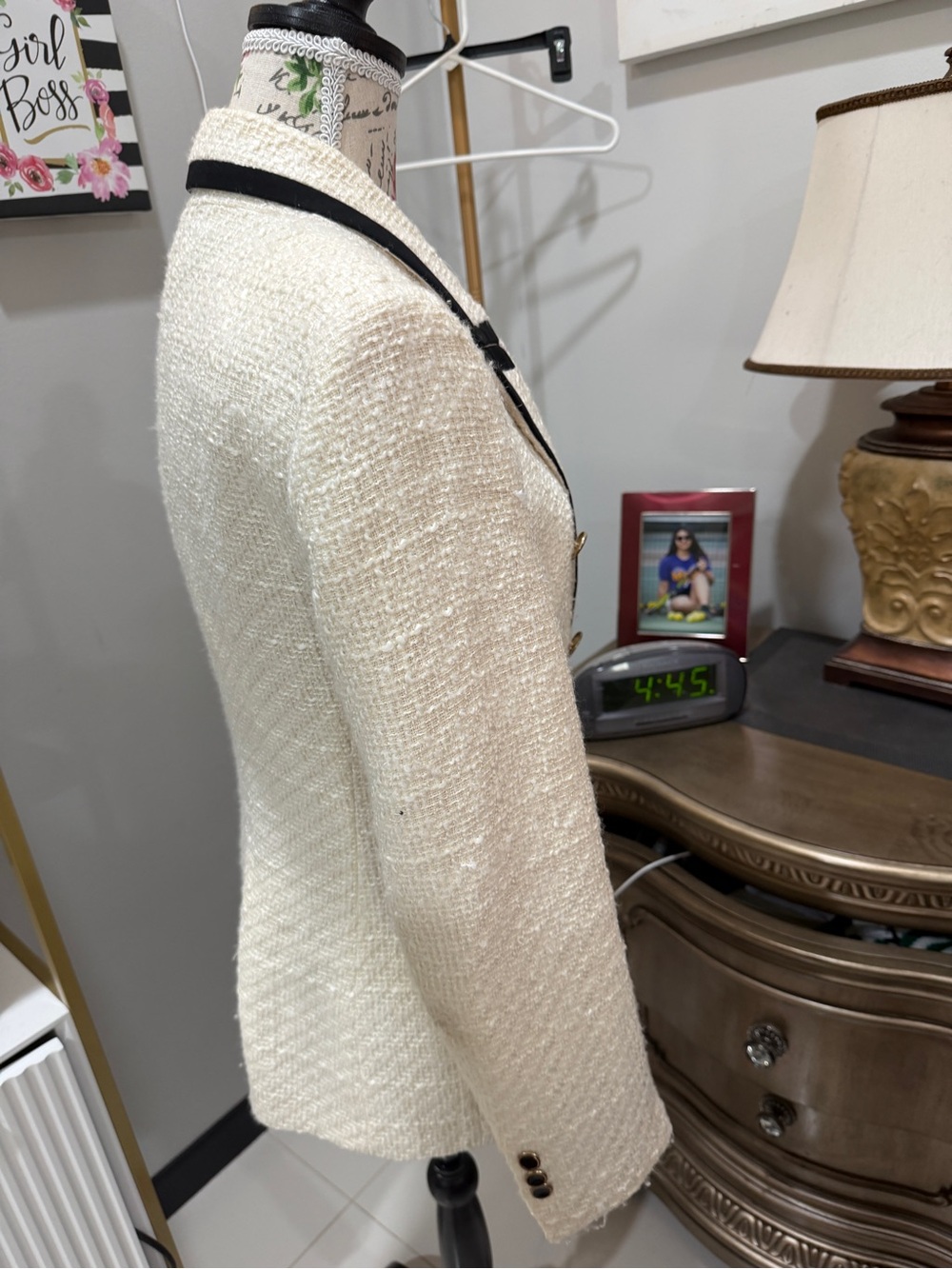 Zara Cream Bouclé Double-Breasted Blazer with Black Trim - Picture 7 of 10